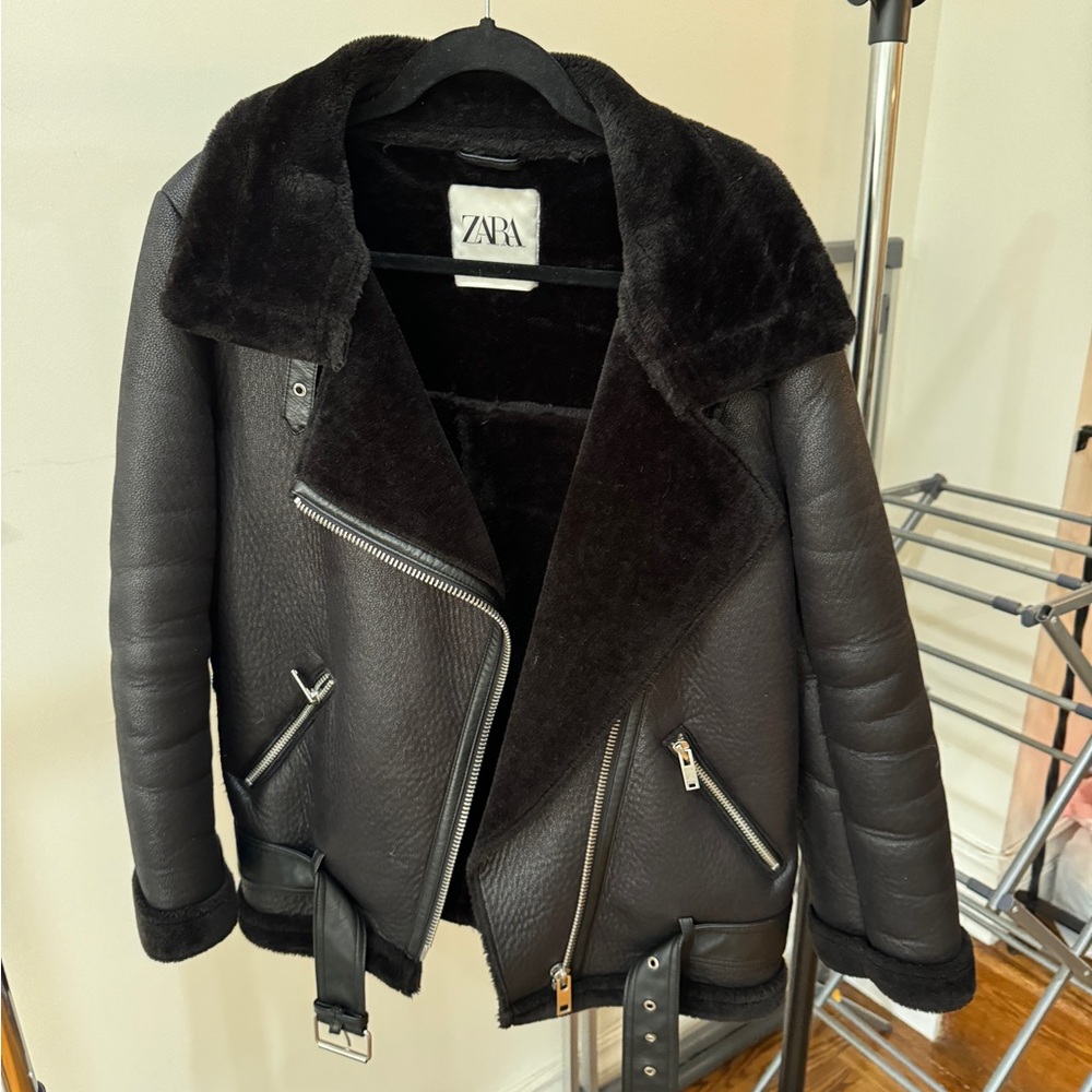 ZARA Black Faux Leather Shearling Jacket